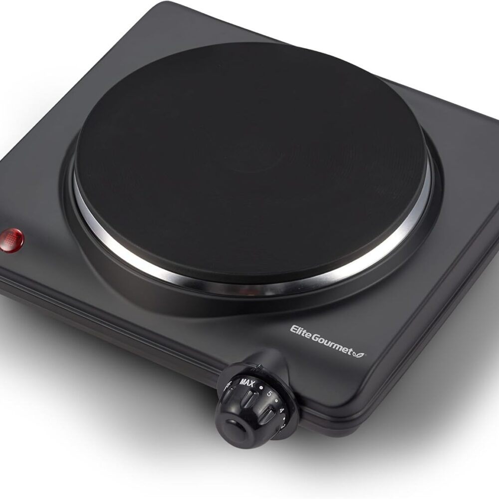 Elite Gourmet Electric Burner, 1000W Cast Iron Hot Plate, 7 Heat Settings | Portable cooktop for RV, dorm, office & small kitchens - road-ready, compact, and countertop-ready for cooking anywhere